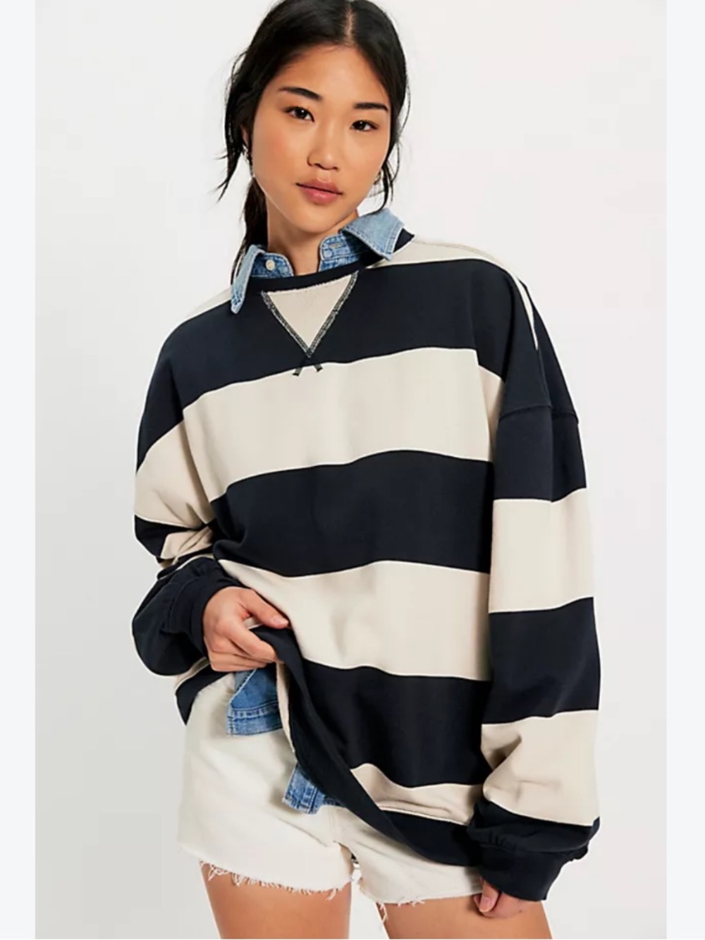 Free People Classic Crewneck Stripe Oversized Top In Black Combo